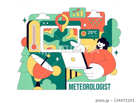 Meteorologist Vector Illustration Featuring A Weather Forecaster Analyzing Atmospheric Precipitation Maps And Weather Patterns on a Flat Background 134472201
