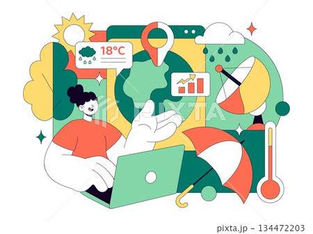 Meteorologist Vector Illustration Featuring A Weather Forecaster Analyzing Atmospheric Precipitation Maps And Weather Patterns on a Flat Background 134472203