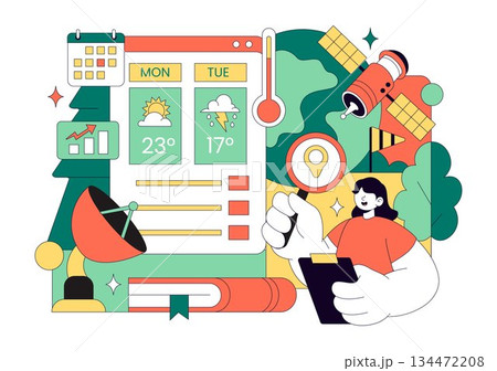 Meteorologist Vector Illustration Featuring A Weather Forecaster Analyzing Atmospheric Precipitation Maps And Weather Patterns on a Flat Background 134472208