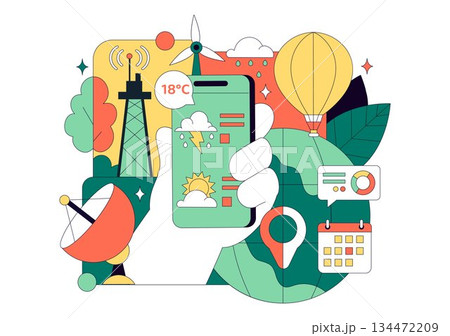 Meteorologist Vector Illustration Featuring A Weather Forecaster Analyzing Atmospheric Precipitation Maps And Weather Patterns on a Flat Background 134472209