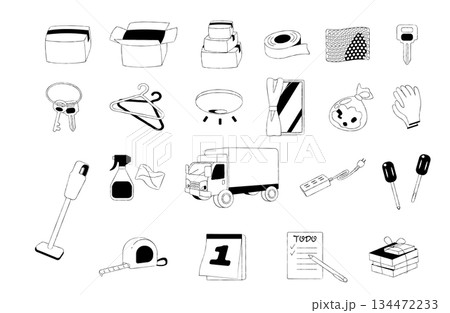 モノクロ白黒線画の引っ越し準備アイコンセット モノクロ白黒線画の引っ越し準備アイコンセット 134472233