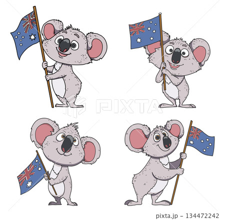 A cute round koala waving the Australian flag, flat vector illustration with crisp lines on a white background, ideal for online media on Australia Day A cute round koala waving the Australian flag, flat vector illustration with crisp lines on a white background, ideal for online media on Australia Day 134472242