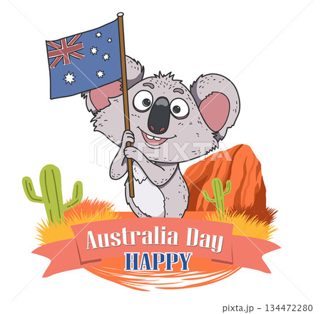 A cute round koala waving the Australian flag, flat vector illustration with crisp lines on a white background, ideal for online media on Australia Day 134472280