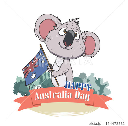 A cute round koala waving the Australian flag, flat vector illustration with crisp lines on a white background, ideal for online media on Australia Day 134472281