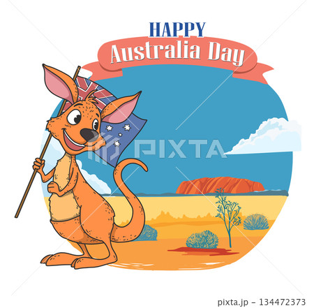 A cute kangaroo waving the Australian flag, flat vector illustration with crisp lines on a white background, ideal for online media on Australia Day 134472373