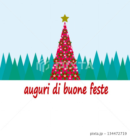 ハッピーホリデーズ　auguri di buone feste　クリスマスツリー　ポインセチア 134472719
