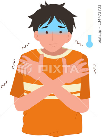 a man shivering, arms crossed, cold temperature. health symptom weather and seasonal illness concept a man shivering, arms crossed, cold temperature. health symptom weather and seasonal illness concept 134472733