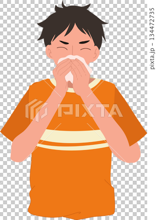 sneezing sick man blowing nose with tissue. cold flu and allergy health concept 134472735