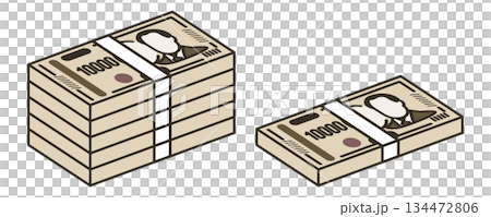 一疊100萬日元紙幣和一疊500萬日元紙幣。新版1萬日元紙幣。鈔票。 1萬日元紙幣。 134472806