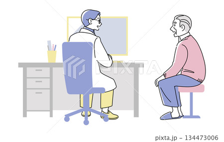 診察を受ける高齢者と医師のイラスト｜病院・医療・シニアケア・全身 134473006