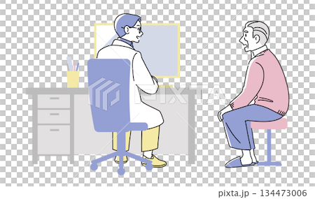 診察を受ける高齢者と医師のイラスト｜病院・医療・シニアケア・全身 134473006