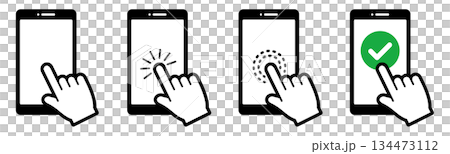 スマートフォンと手のアイコン。タップ。クリック。 134473112