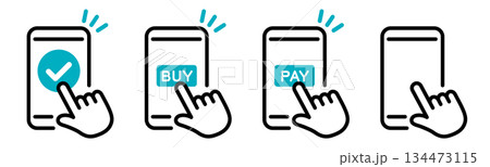 スマートフォンと手のアイコン。タップ。クリック。 134473115
