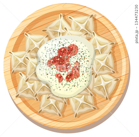 Traditional Dumplings with Yogurt Sauce on Wooden Plate Traditional Dumplings with Yogurt Sauce on Wooden Plate 134473230