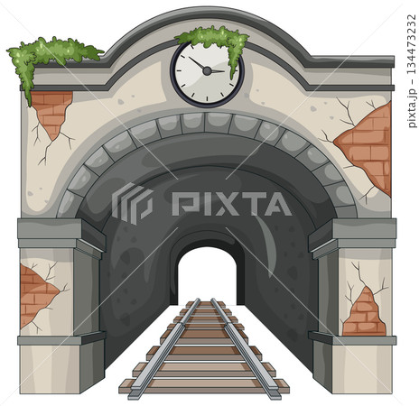 Abandoned Railway Tunnel Entrance With Old Station Clock Abandoned Railway Tunnel Entrance With Old Station Clock 134473232