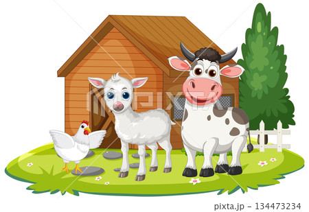 Farm Animals Standing in Front of Wooden Barn 134473234