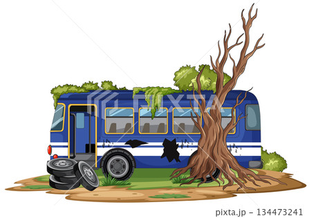 Abandoned Blue Bus Overtaken by Tree and Moss 134473241