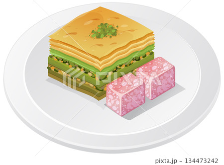 Baklava and Turkish Delight on White Plate Vector Illustration Baklava and Turkish Delight on White Plate Vector Illustration 134473242