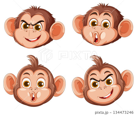 Cartoon Monkey Faces with Four Expressive Emotions Cartoon Monkey Faces with Four Expressive Emotions 134473246