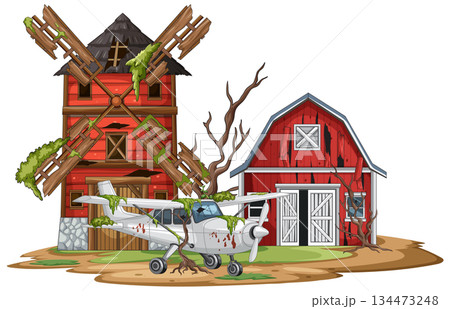 Abandoned Farm with Crashed Airplane and Old Windmill 134473248