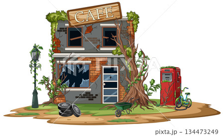 Abandoned Overgrown Cafe with Broken Windows and Old Gas Pump Abandoned Overgrown Cafe with Broken Windows and Old Gas Pump 134473249
