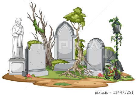 Overgrown Cemetery with Weathered Tombstones and Statue 134473251