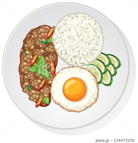 Thai Basil Beef with Rice, Fried Egg, and Cucumber Slices Thai Basil Beef with Rice, Fried Egg, and Cucumber Slices 134473256
