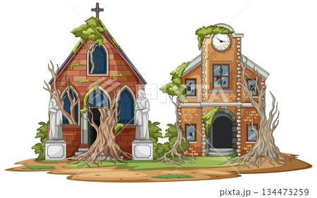 Abandoned Brick Church and Clock Tower Overgrown by Trees Abandoned Brick Church and Clock Tower Overgrown by Trees 134473259