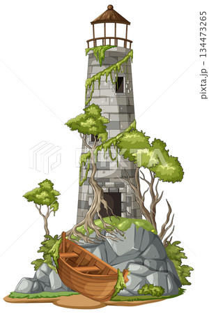 Abandoned Stone Lighthouse with Old Wooden Boat Illustration 134473265