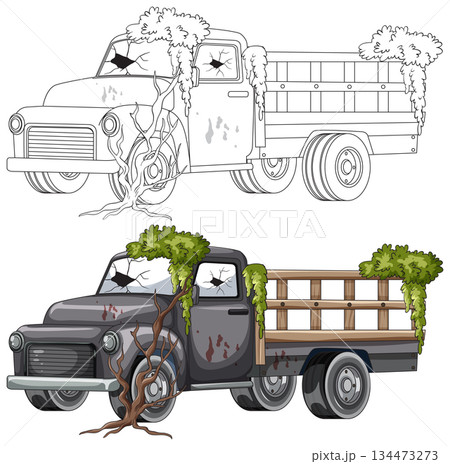 Abandoned Old Truck Overgrown With Moss and Vines 134473273