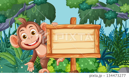 Smiling Cartoon Monkey Holding Wooden Jungle Sign Smiling Cartoon Monkey Holding Wooden Jungle Sign 134473277
