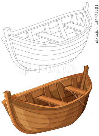 Wooden Rowboat Vector Illustration with Outline and Color Versions 134473281