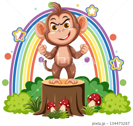 Confident Cartoon Monkey Standing on Tree Stump with Rainbow Confident Cartoon Monkey Standing on Tree Stump with Rainbow 134473287