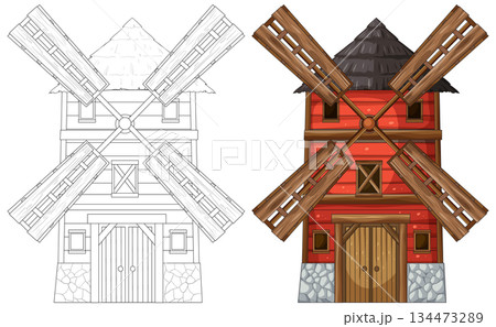 Colored and Outline Rustic Windmill Vector Illustration 134473289