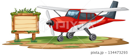 Red Small Airplane Parked Beside Wooden Signboard 134473293