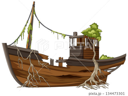 Old Wooden Ship Overtaken by Trees and Roots Old Wooden Ship Overtaken by Trees and Roots 134473301