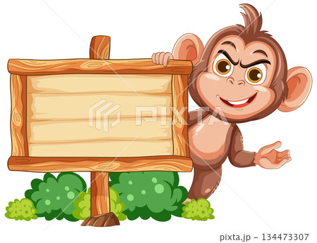 Cartoon Monkey Pointing at Blank Wooden Sign Board 134473307