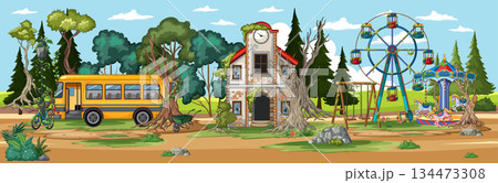 Abandoned Amusement Park and School Bus in Forest Landscape 134473308