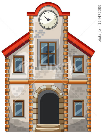 Cartoon Stone Clock Tower Building Front View Cartoon Stone Clock Tower Building Front View 134473309