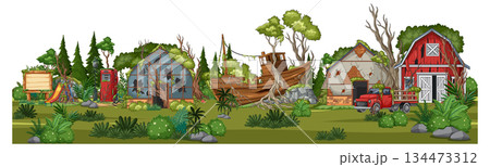 Abandoned Rural Farmyard With Old Barns And Wrecked Boat Abandoned Rural Farmyard With Old Barns And Wrecked Boat 134473312