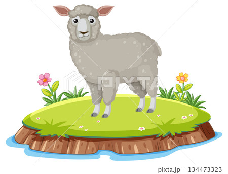Gray Sheep Standing on Grassy Island with Flowers Gray Sheep Standing on Grassy Island with Flowers 134473323