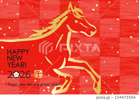 日本の2026年賀状　和紙風市松模様に馬 134473504