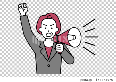 A middle-aged woman in a suit protesting with a loudspeaker A middle-aged woman in a suit protesting with a loudspeaker 134473570