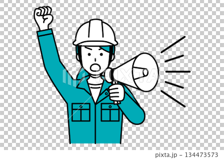 一名女建築工人用擴音器抗議 一名女建築工人用擴音器抗議 134473573