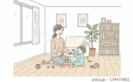 室内でくつろぐ家族　子供と遊ぶ女性 134473602