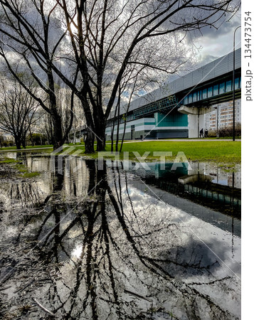 photographic portrayal of city resilience highlighting reflections of buildings and trees under cloudy skies 134473754