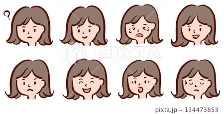 いろんな表情の若い女性の顔　イラストセット 134473853