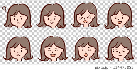 いろんな表情の若い女性の顔　イラストセット 134473853