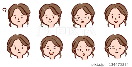 いろんな表情の若い女性の顔　イラストセット 134473854