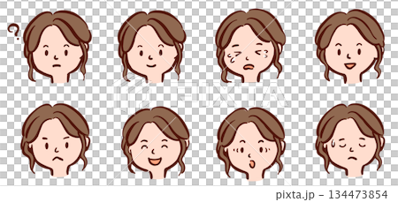 いろんな表情の若い女性の顔　イラストセット 134473854